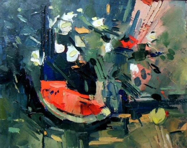 Картина под названием "Натюрморт с арбозом" - Sevada Sargsyan, Подлинное произведение искусства, Масло