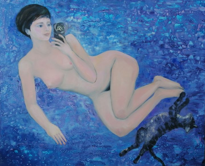 Pittura intitolato "Selfie with cat" da Anna Smilyanskaya, Opera d'arte originale, Acrilico