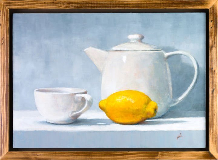 Painting titled "Tea  With Lemon Com…" by Artsmileball, Original Artwork, Oil Mounted on Wood Stretcher frame