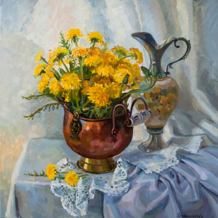 Painting titled "Dandelions" by Vera Grebennikova, Original Artwork, Oil
