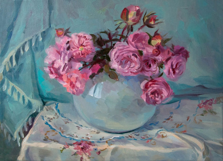 Peinture intitulée "Roses in october" par Vera Grebennikova, Œuvre d'art originale, Huile