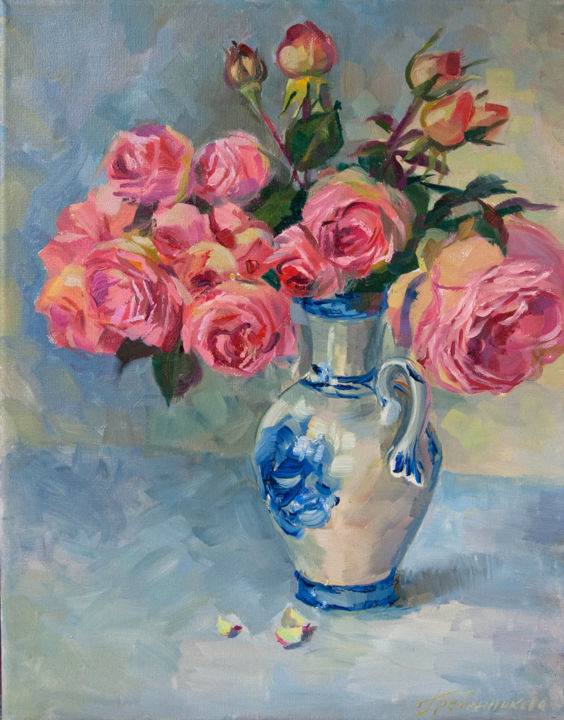Painting titled "Roses in a blue vase" by Vera Grebennikova, Original Artwork, Oil