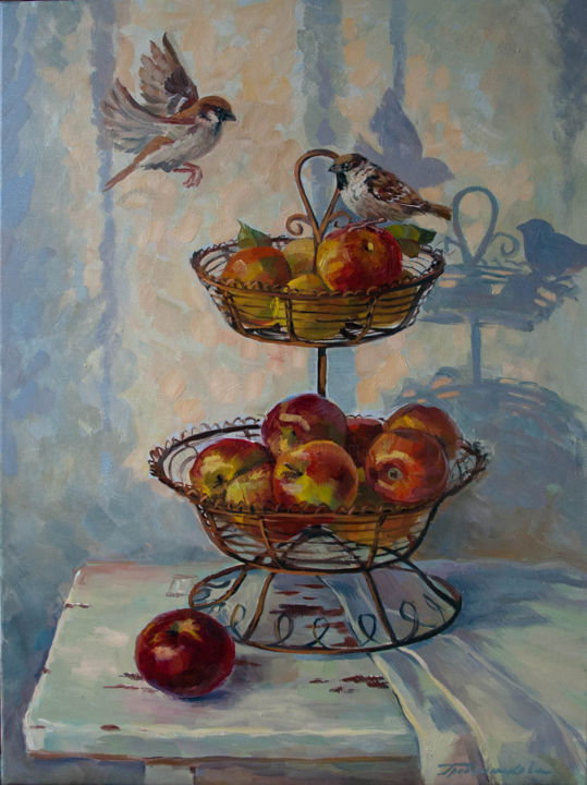 Painting titled "Morning guests" by Vera Grebennikova, Original Artwork, Oil