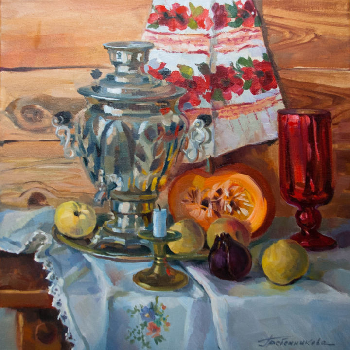 Painting titled "Still life with a s…" by Vera Grebennikova, Original Artwork, Oil