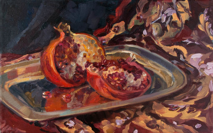 Painting titled "Pomegranate on a si…" by Vera Grebennikova, Original Artwork, Oil