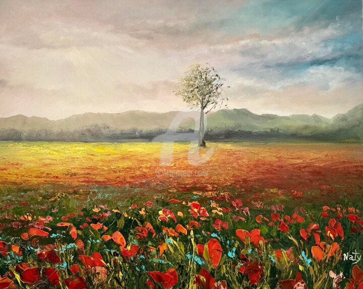 Pittura intitolato "“L’albero dei fiori”" da Natalia Caragherghi "Naty", Opera d'arte originale, Olio Montato su Telaio per…