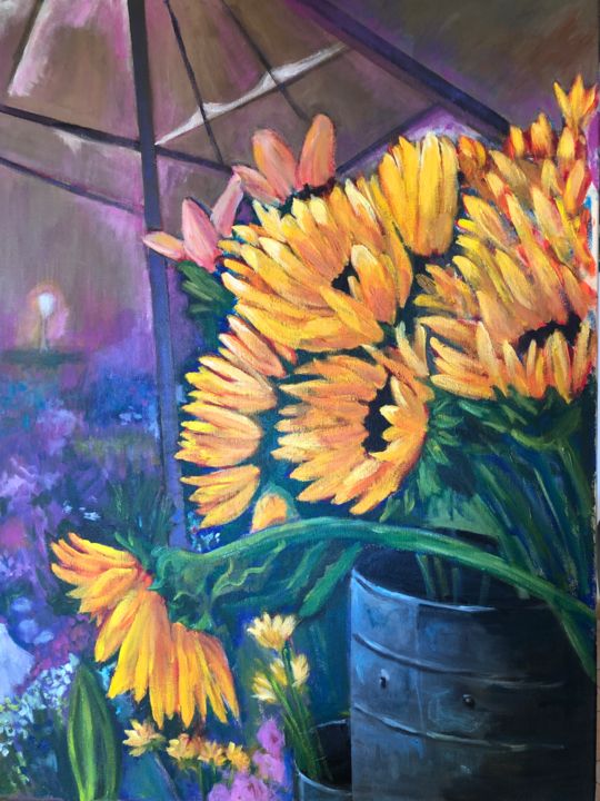 Картина под названием "Sunflowers" - Tsvi Nadav Rosler, Подлинное произведение искусства, Акрил Установлен на Деревянная пан…