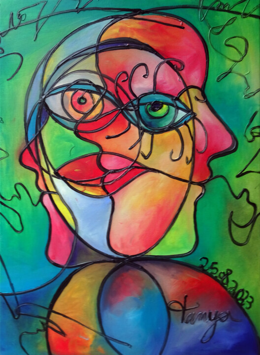 Painting titled "Faces 25082023" by Tanya Galstian, Original Artwork, Oil Mounted on Wood Stretcher frame