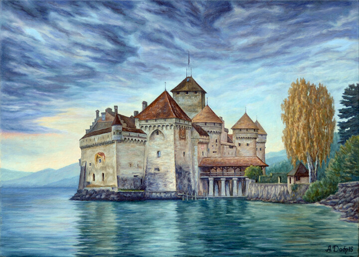 Картина под названием "Chillon castle" - Artur Dobrovolskii, Подлинное произведение искусства, Масло Установлен на Деревянна…