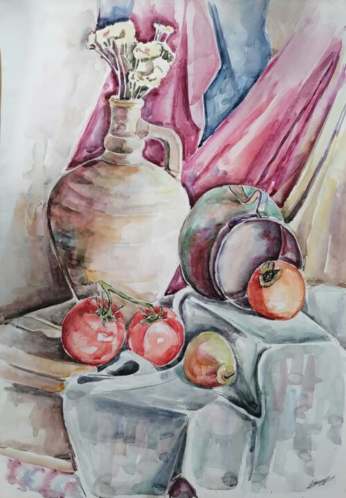 Pintura intitulada "Wine jug and antiqu…" por Artur Minasyan, Obras de arte originais, Aquarela