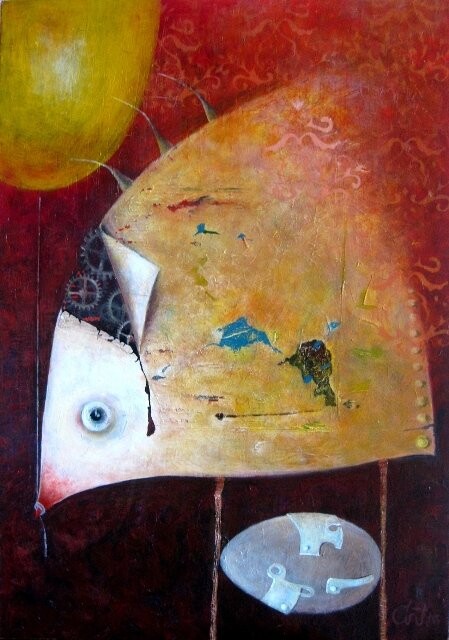 Peinture intitulée "bird with a  balloon" par Artūras Tamašauskas, Œuvre d'art originale, Autre