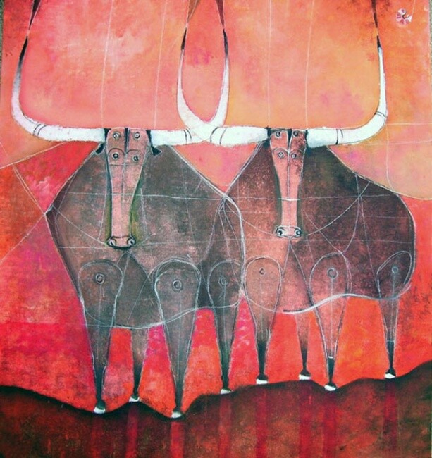 Painting titled "TOROS MIOPES" by Arturo Morin, Original Artwork