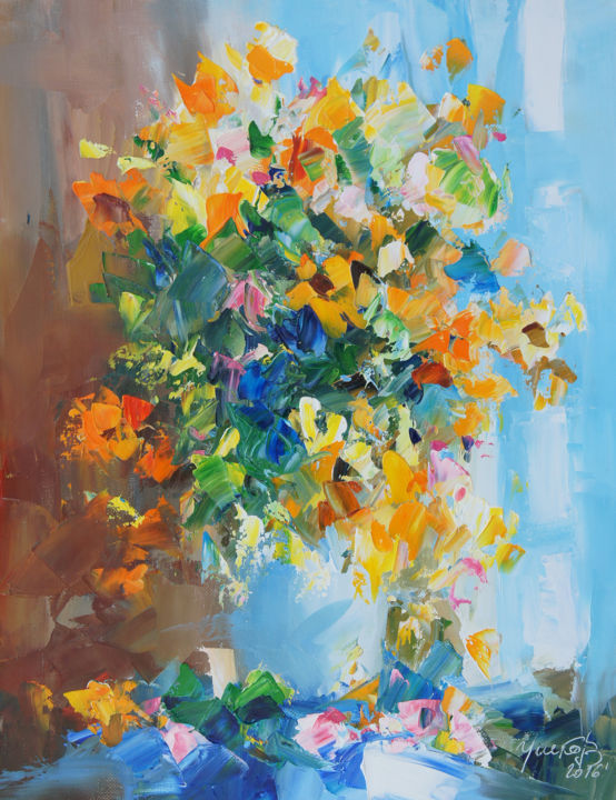 Ζωγραφική με τίτλο "Bouquet of flowers.…" από Valeriy Ushkov, Αυθεντικά έργα τέχνης, Λάδι Τοποθετήθηκε στο Ξύλινο φορείο σκε…