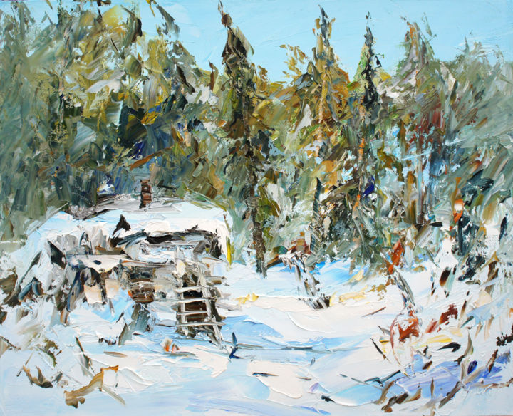Картина под названием "Hut forester. 40x50…" - Valeriy Ushkov, Подлинное произведение искусства, Масло