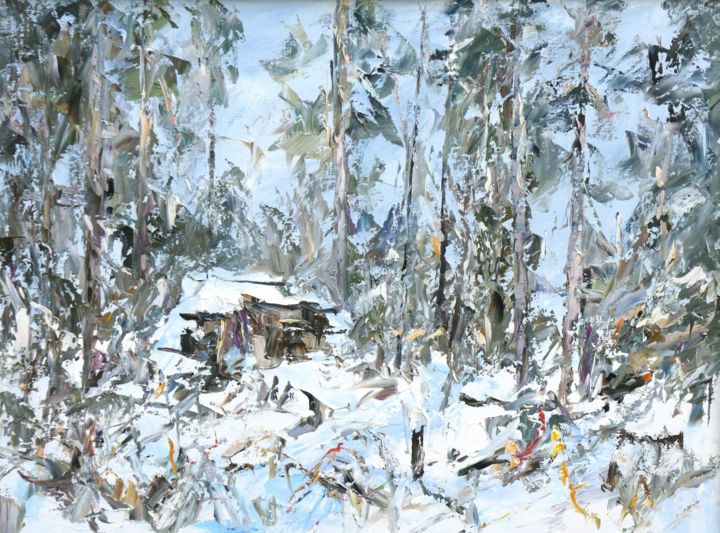 Malerei mit dem Titel "Hut forester." von Valeriy Ushkov, Original-Kunstwerk, Öl