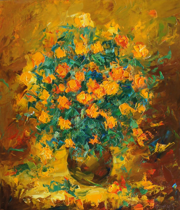Painting titled "Bouquet of flowers.…" by Valeriy Ushkov, Original Artwork, Oil Mounted on Wood Stretcher frame
