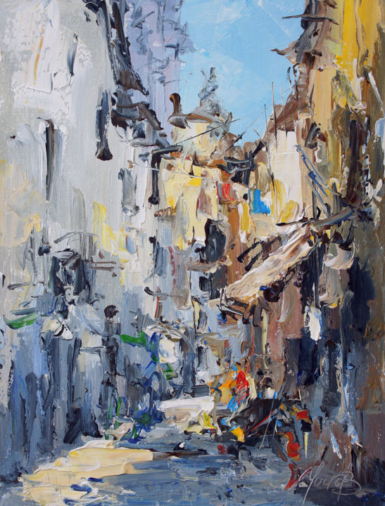 Painting titled "Old city.  The stre…" by Valeriy Ushkov, Original Artwork, Oil