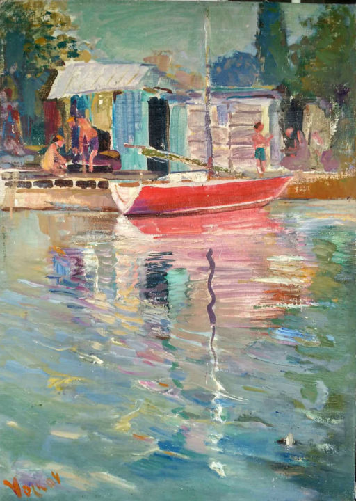 Peinture intitulée "Yacht at the pier" par Viktor Volkov, Œuvre d'art originale, Huile