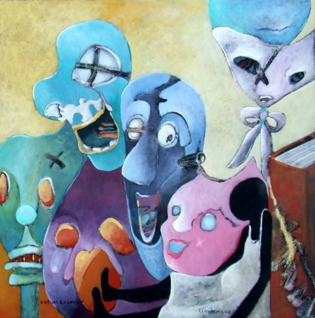 Painting titled "Les masques du livre" by Artvrai, Original Artwork, Oil