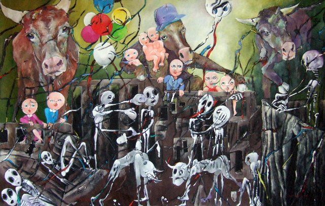 Peinture intitulée "En bas, la guerre" par Artvrai, Œuvre d'art originale, Huile