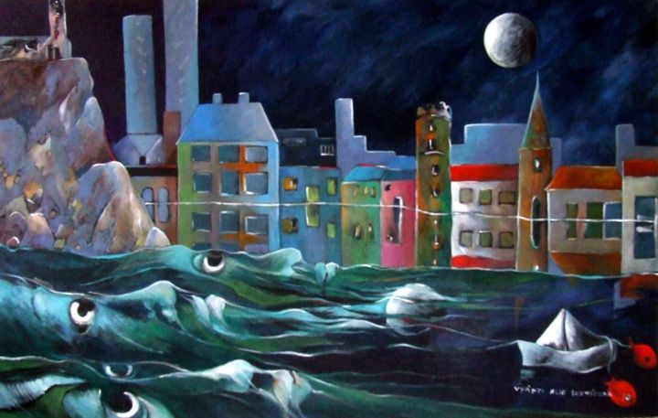 Painting titled "Ils passent, la nuit" by Artvrai, Original Artwork, Oil