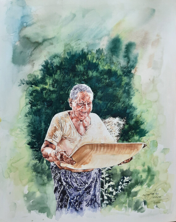 Schilderij getiteld "Mother" door Rangana, Origineel Kunstwerk, Aquarel