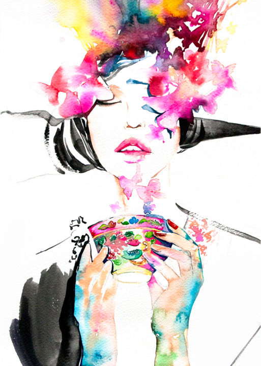 Painting titled "Tea Time" by Arty Guava, Original Art, Watercolor