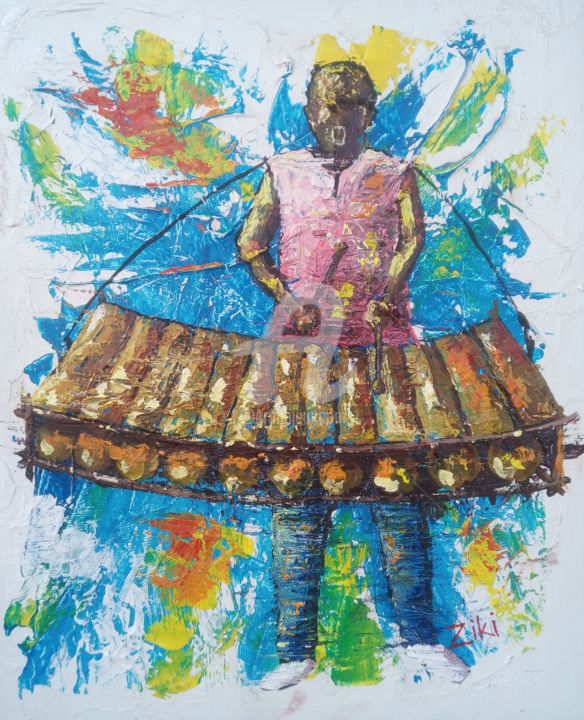 Peinture intitulée "Le joueur de balafon" par Ziki, Œuvre d'art originale, Acrylique