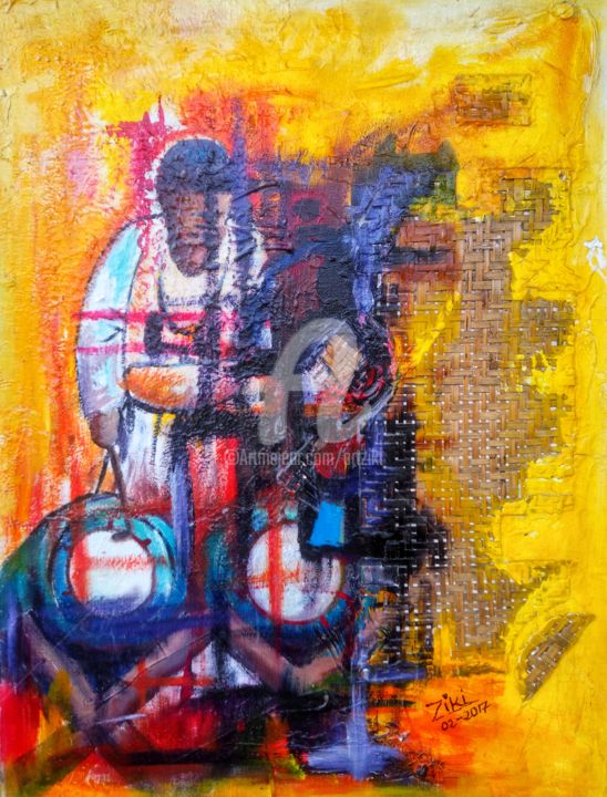 Peinture intitulée "Le tam-tam "Atokpan…" par Ziki, Œuvre d'art originale, Acrylique
