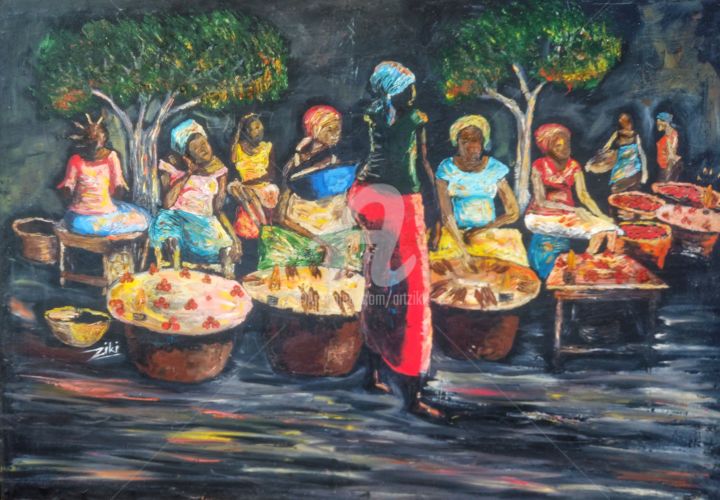 Malerei mit dem Titel "un marché de nuit" von Ziki, Original-Kunstwerk, Acryl