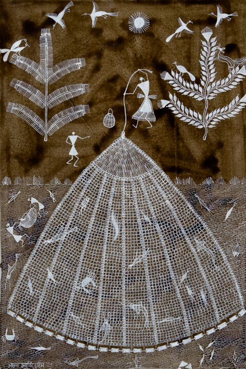 Ζωγραφική με τίτλο "Fish Net" από Aruna Arvind Irim, Αυθεντικά έργα τέχνης, Ακρυλικό