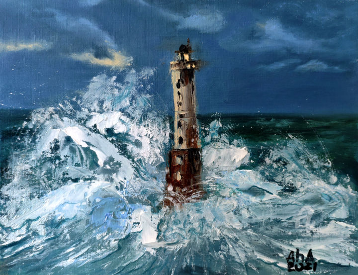 Malerei mit dem Titel "Lighthouse, rocks a…" von Elena Gridneva, Original-Kunstwerk, Öl