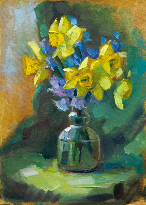 Painting titled "Spring flowers" by Arus Pashikyan, Original Artwork, Oil Mounted on Wood Stretcher frame