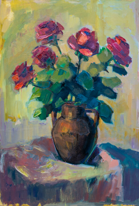 Painting titled "Red roses" by Arus Pashikyan, Original Artwork, Oil Mounted on Wood Stretcher frame