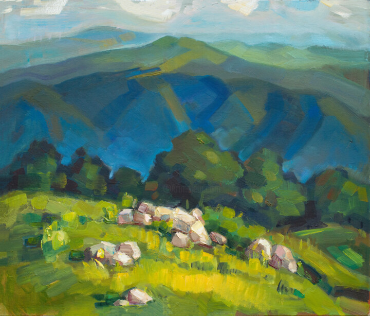 Painting titled "In the mountains" by Arus Pashikyan, Original Artwork, Oil Mounted on Wood Stretcher frame