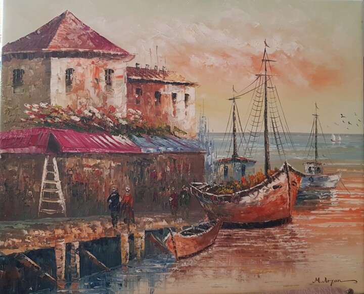 Ζωγραφική με τίτλο "Hafen City" από Aryanpalet, Αυθεντικά έργα τέχνης, Λάδι Τοποθετήθηκε στο Ξύλινο φορείο σκελετό