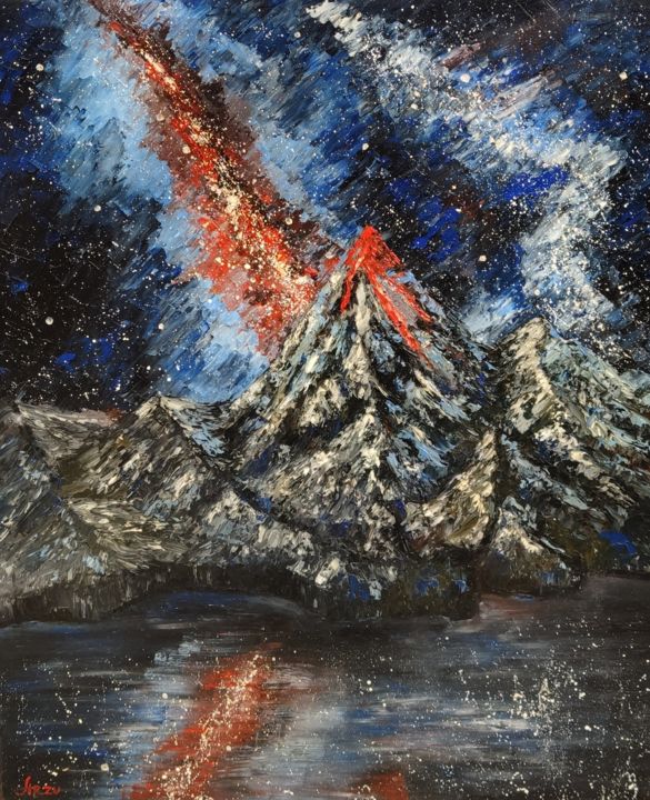 Painting titled "Night in the mounta…" by Arzu Abbas, Original Artwork, Acrylic