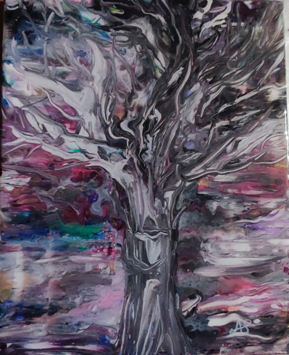 Painting titled "Albero di luna" by As'Art, Original Artwork, Acrylic Mounted on Wood Panel