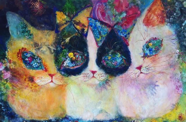 Painting titled "three cats & two bu…" by Asari Fukushima, Original Artwork