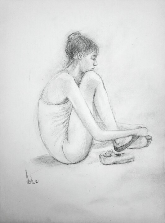 图画 标题为“Ballerina relaxing,…” 由Asha Sudhaker Shenoy, 原创艺术品, 铅笔