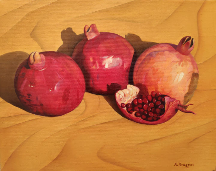 Painting titled "Pomegranates" by Ash Avagyan, Original Artwork, Oil Mounted on Wood Stretcher frame