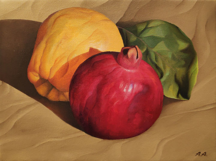 Painting titled "Quince with Pomegra…" by Ash Avagyan, Original Artwork, Oil Mounted on Wood Stretcher frame