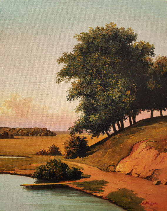 Painting titled "Landscape #1" by Ash Avagyan, Original Artwork, Oil Mounted on Wood Stretcher frame