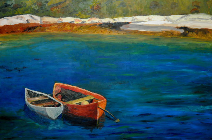 Schilderij getiteld "Two boats waiting" door Asher, Origineel Kunstwerk, Olie