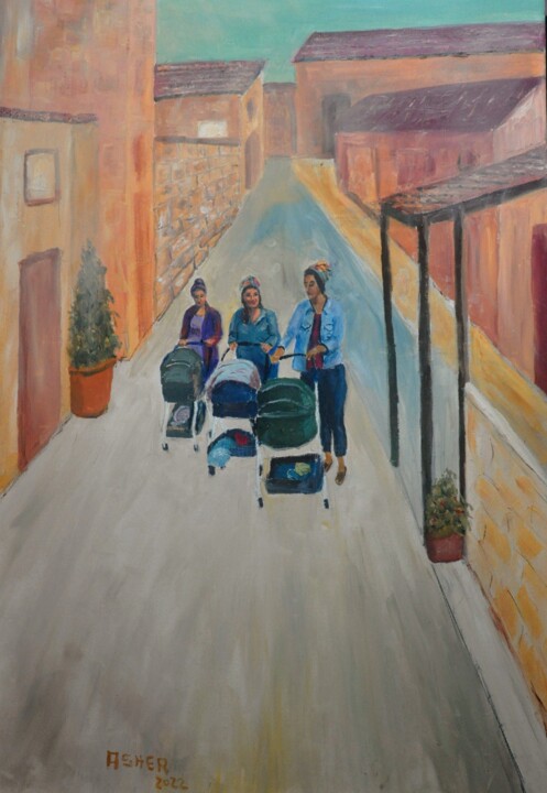Painting titled "MOTHERS" by Asher, Original Artwork, Oil Mounted on Wood Stretcher frame