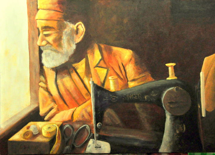Painting titled "Tailor" by Asher, Original Artwork, Oil Mounted on Wood Stretcher frame