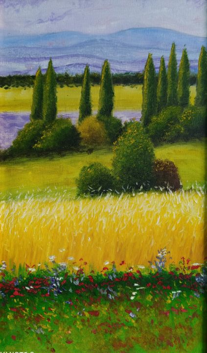 Painting titled "Spring field" by Ashik Madatyan, Original Artwork, Oil Mounted on Cardboard
