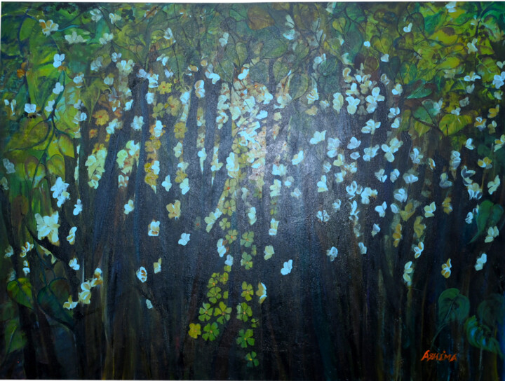 Painting titled "The blooms at night" by Ashima Sharma Sharma, Original Artwork, Acrylic Mounted on Wood Stretcher frame