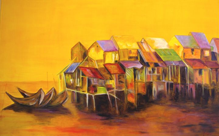 Peinture intitulée "Village sur le Méko…" par Mich'L Barö, Œuvre d'art originale