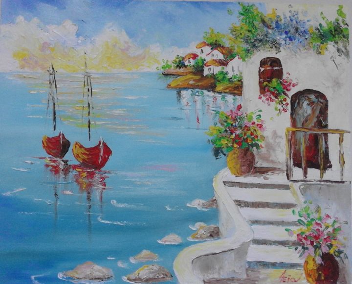 Peinture intitulée "Greek seascape 7" par Asia, Œuvre d'art originale, Huile Monté sur Panneau de bois